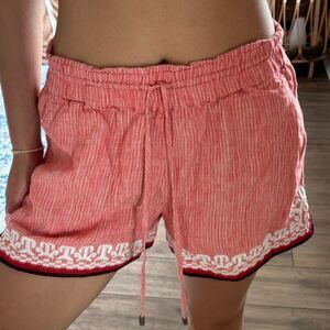 anthropologie red striped 100% linen embroidered shorts beachcomber coral size s